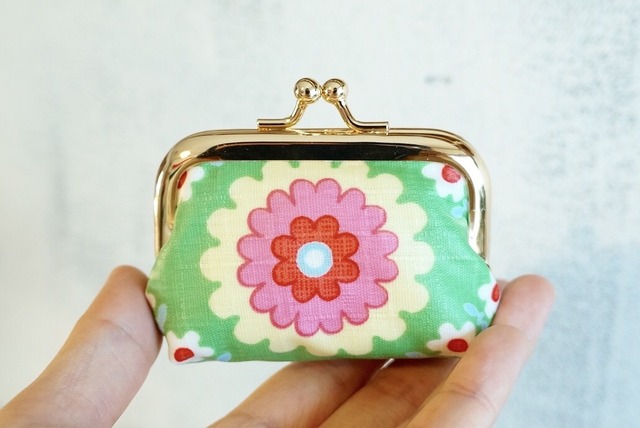 ★再販 retro green flowers mini gamaguchi coin case handmade ● 手作りレトロフラワーミニがま口コインケースハンドメイド
