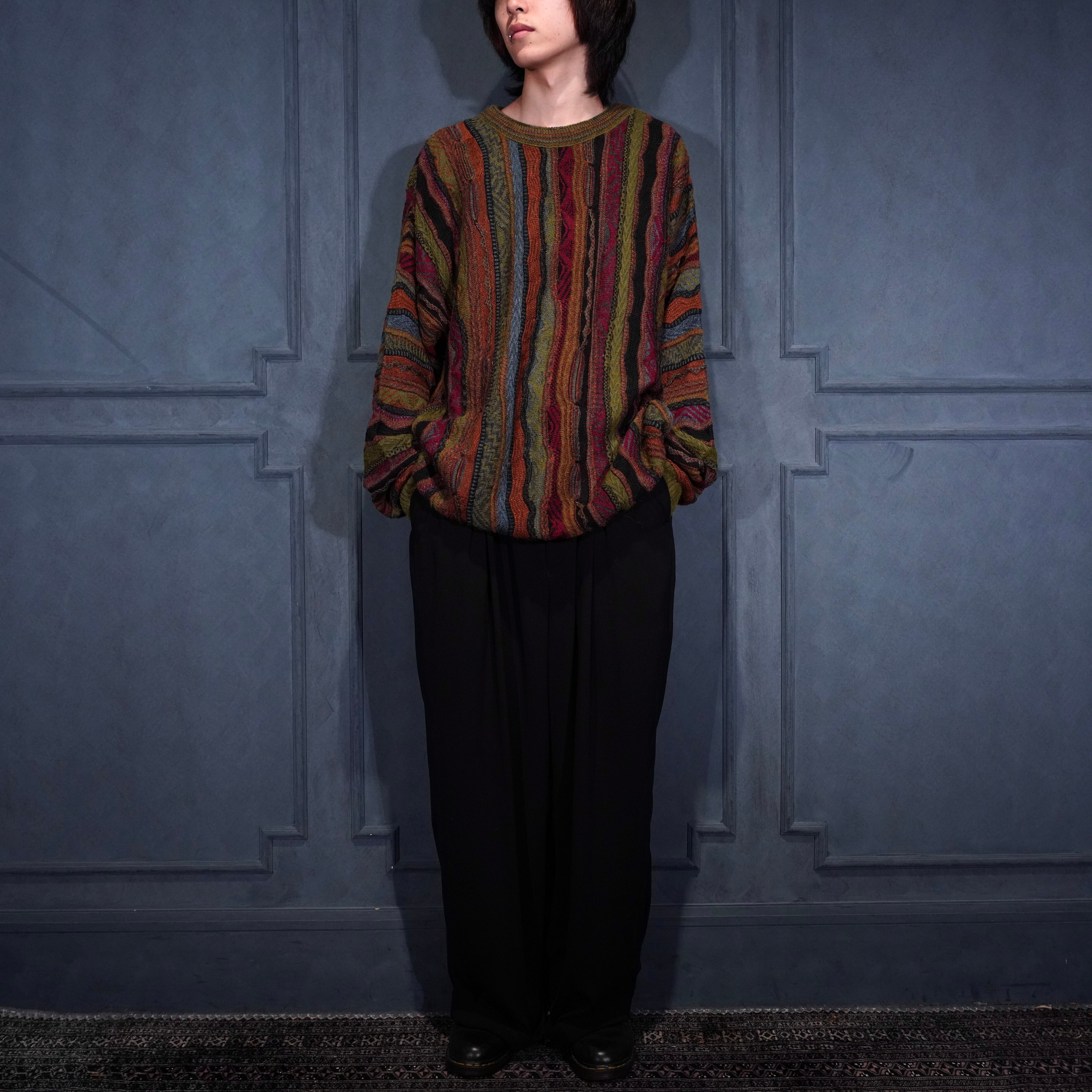 London fog 超オーバーサイズ 3Dニット カーディガン 好配色 B系 USA VINTAGE LONDON FOG MULTI PATTERNED COTTON 3D KNIT/アメリカ古着