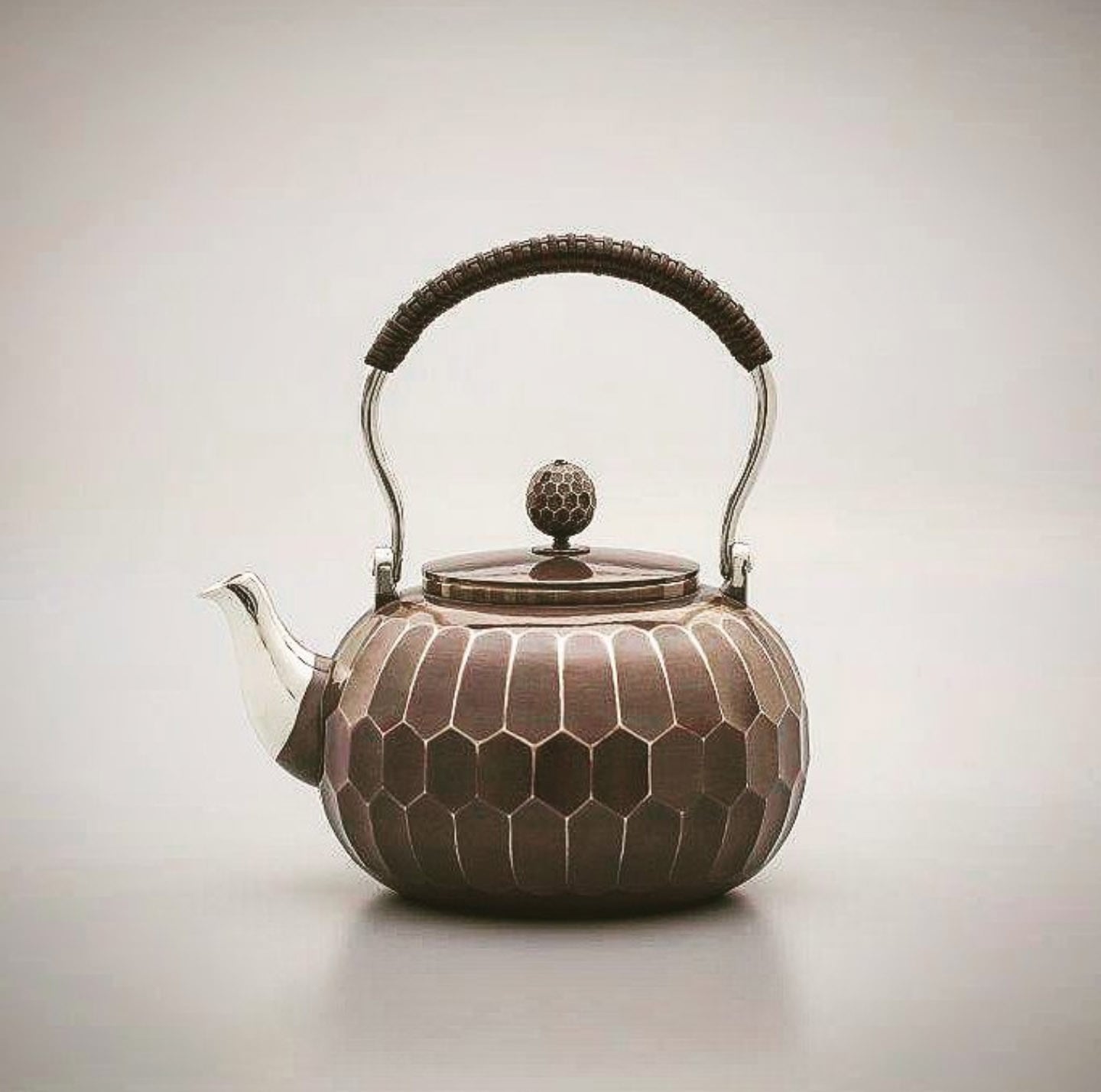 金正堂 銅製 打出鎚目 口蓋付 水次 割持手 湯沸かし やかん EG1-16 純銀製縦筋亀甲紋湯沸 | 宗達アートクラフト