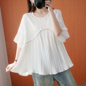 【送料無料】 ブラウス 半袖 プリーツ カジュアル系 大人可愛い きれいめ こなれ感 フェミニン ラウンドネック こなれ感 30代 40代 フレア袖 エレガント系 レディースファッション 可愛い 夏 体系カバー お出かけ 女子会 デイリーユース お茶会 お呼ばれ 無地