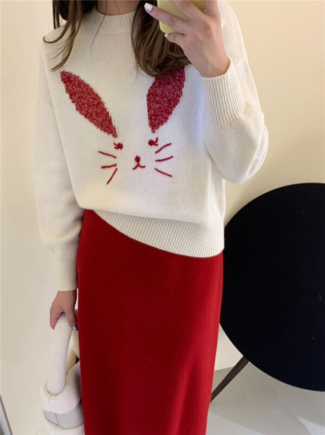 ニット トップス セーター うさぎ 干支 かわいい レッド ホワイト