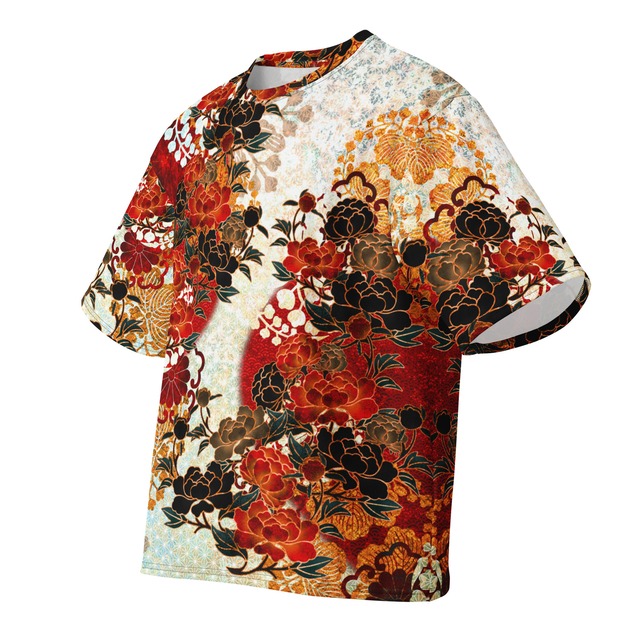和紋様装飾　牡丹紅白　和柄ユニセックス 180G Performance Tシャツ