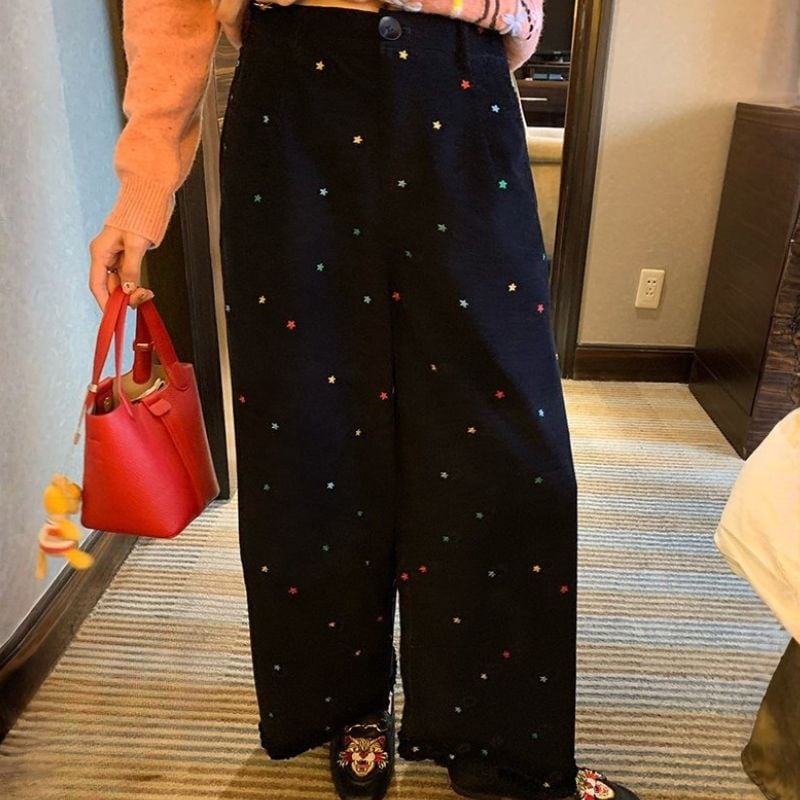 Frilled hem embroidered wide pants 00600