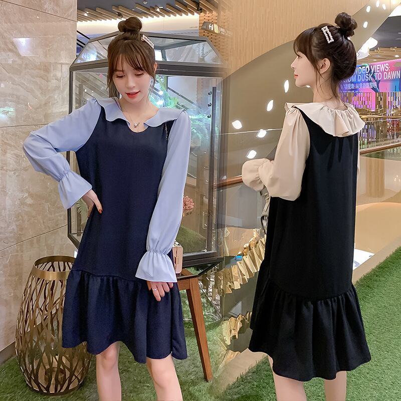 【新作】【送料無料】 マタニティウェア2019秋新しい新しいフリルフェイクツーピースドレススタイルステッチミドル丈マタニティドレス-アリババ オータム 秋物 expec242809272382