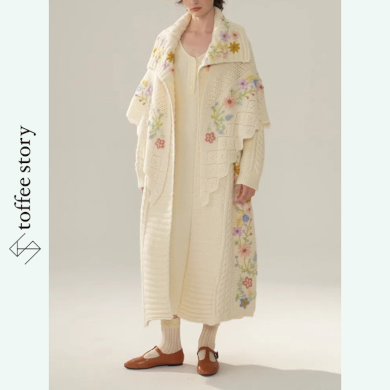 花刺繍ロングニットカーディガン 《Y0415》