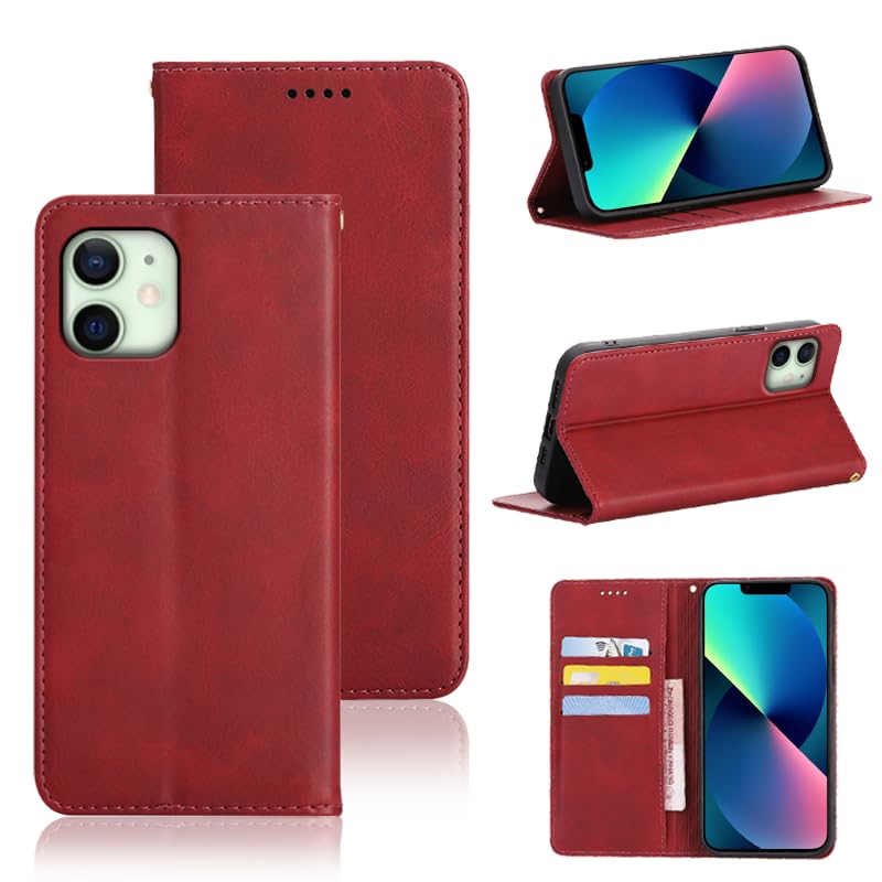 適用 iPhone12 mini ケース 手帳型 適用 iPhone 12mini 手帳型ケース スマホケース カバー 手帳型 PUレザー カード収納 財布型 耐衝撃 ケース マグネット スタンド機能付き 5色(いphone12 mini 用 ケース手帳型) (レッド)