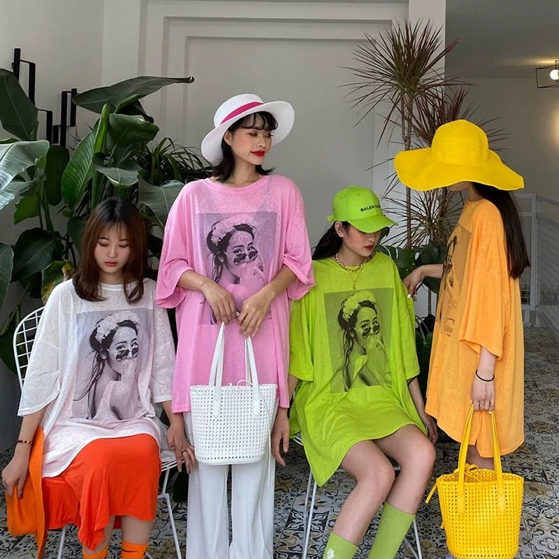 5カラー】Tシャツ ゆったり トップス ピンク ネオンカラー ホワイト
