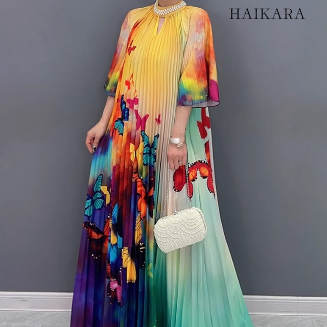 Pleated dress with brightly colored stones