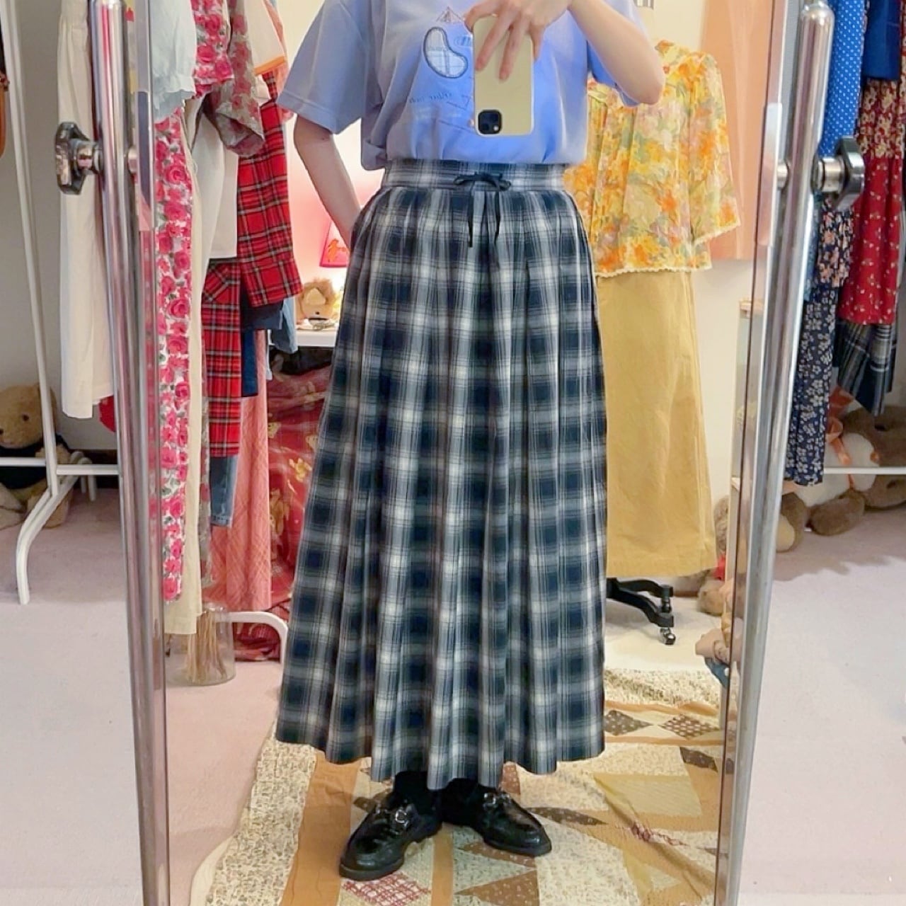 black check gather skirt