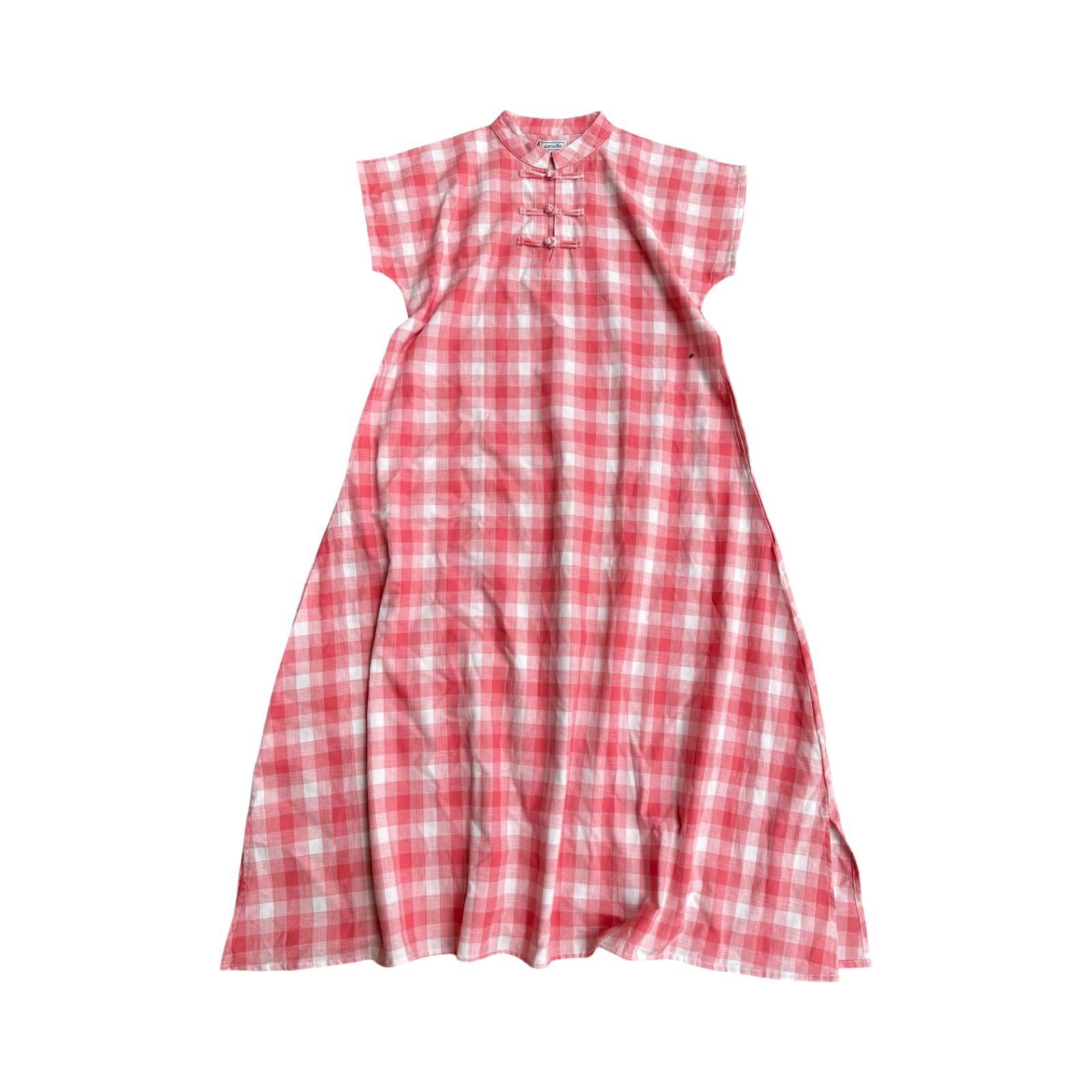 saruche 南インドカディコットン チェックのハイネックチャイニーズボタンクルタ Pink