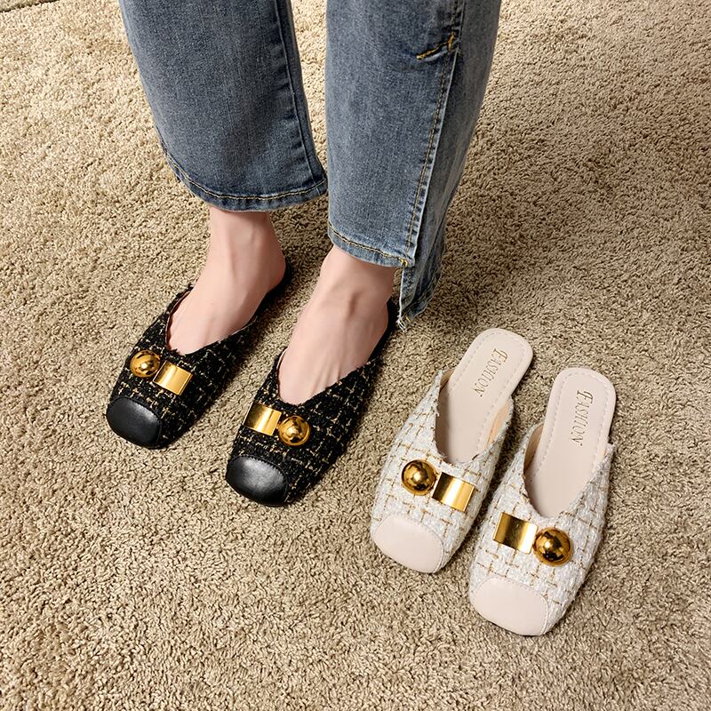 包頭スリッパ女性は2020年夏の新しい金属の正方形のヘッドネット赤い野生の小さな香りのスリッパ女性を着用します 部族の婦人靴4712285