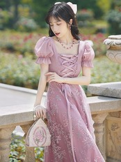 【0033】Ribbon Lace-up Square Puff Short Sleeve Dress