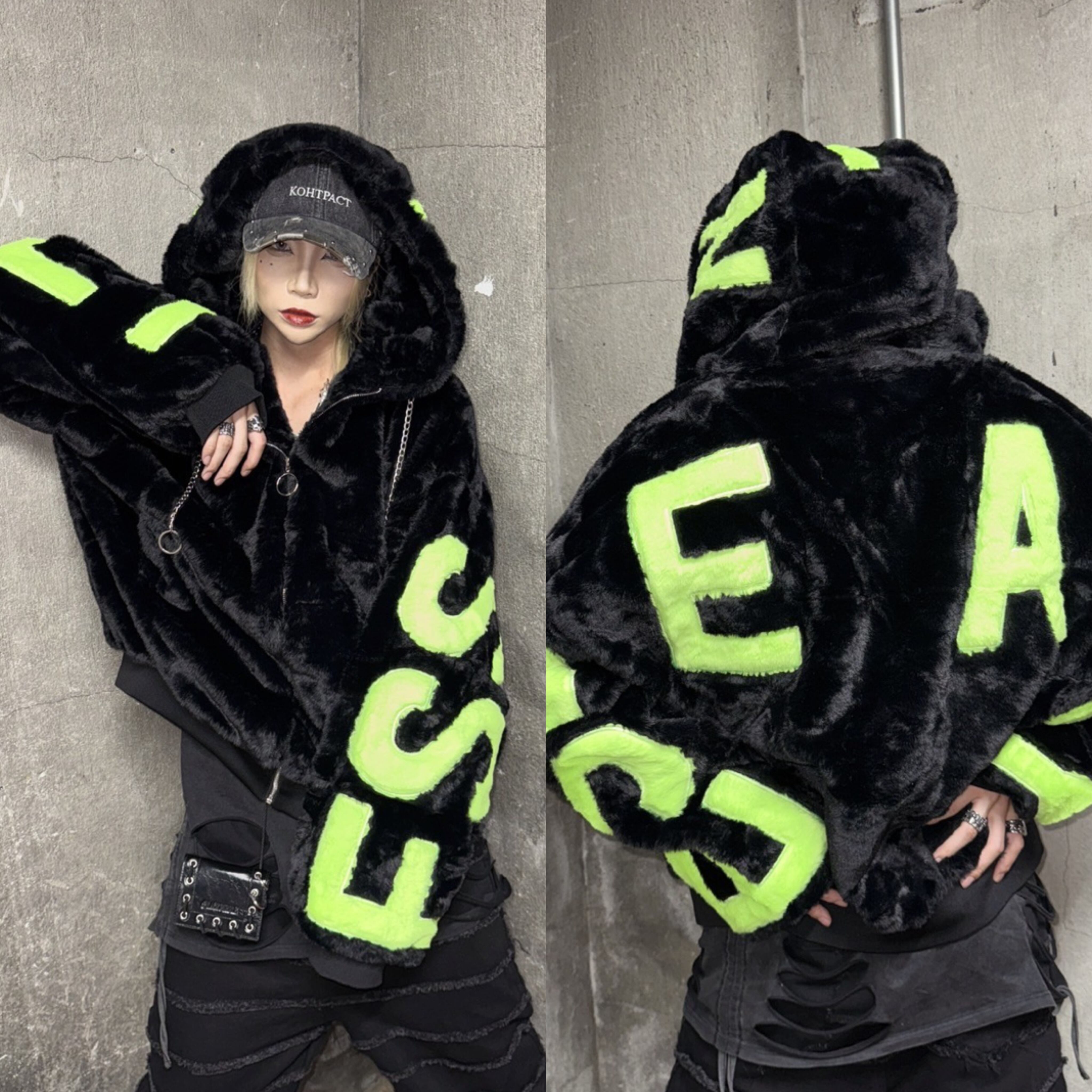 有名ブランド THICC サブカル系PSYNYXX THICC 韓国系ユニセックス | ストリート ハイブランド 防寒 韓国ファッション 芸能人着用 蛍光ファーブルゾン ESSENTIALLY 2024 ジャケット・アウター
