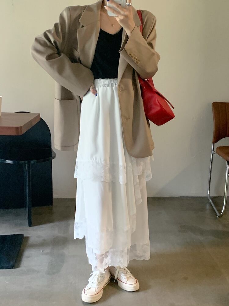 スプリングセット ボタンジャケット レーススカート レディース 春物 ビッグFスモールZ韓国20767763273