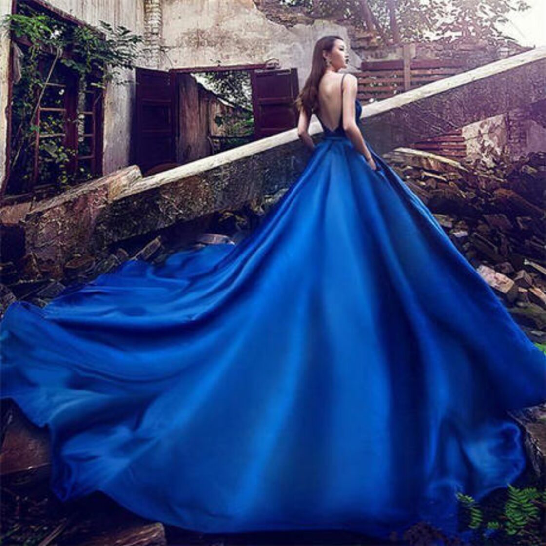 カラードレス 青 高級サテン 花嫁ドレス ウェディングドレス 二次会  