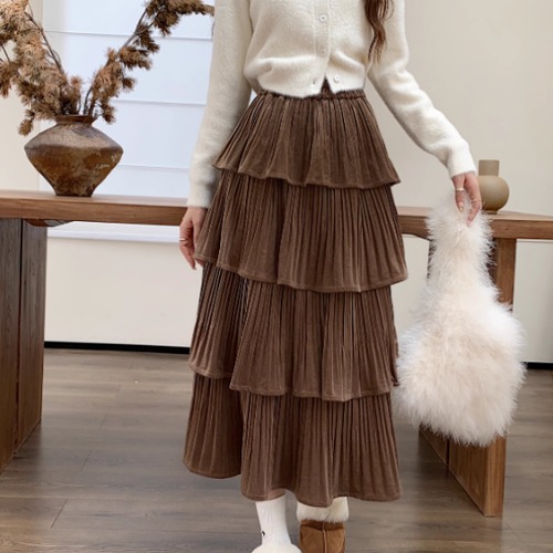 ミドル丈スカート レディース ボトムス スカート ティアードスカート プリーツスカート Ａライン ウエストゴム カジュアル お出かけ おしゃれ 個性的 ハイウエスト ファッション 女性 きれいめ