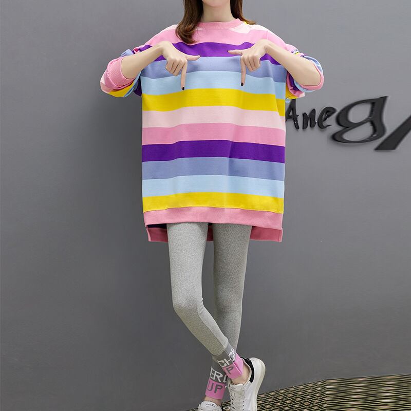 【新作】【送料無料】 オータムルーズラージサイズロングスリーブトップシンレインボーストライプミドル丈スウェットシャツツーピースセット-アリババ 長袖 大きめサイズ 秋物 expec138327988028