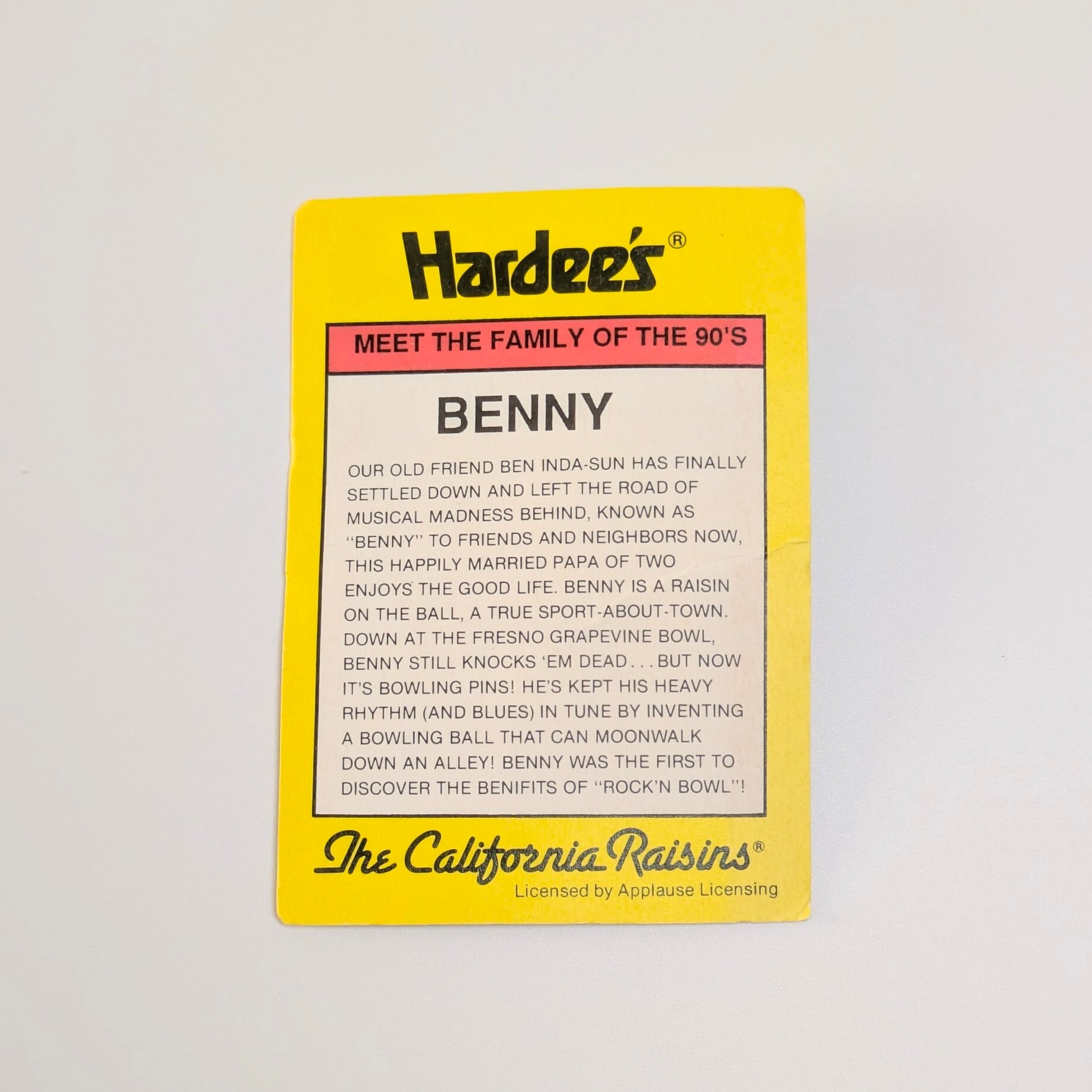 ☆ VINTAGE 1991 ☆ 【 California Raisins（カリフォルニアレーズン）】『 Benny Bowler ( ベニー ) / Hardee's / CARD有り 』 ハーディーズ ミールトイシリーズ / PVC フィギュア ビンテージトイ 〚アメリカン雑貨 アメトイ〛