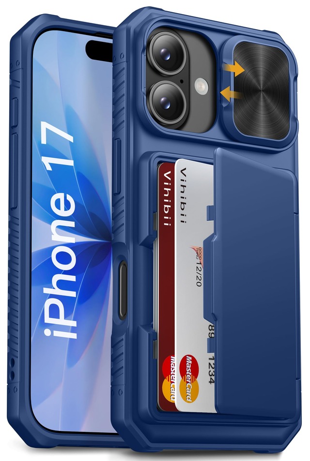 Vihibii iPhone 17 用ケース 背面 カード収納(3-5枚) スライド式カメラレンズ保護 RFIDブロッキング (ブルー)