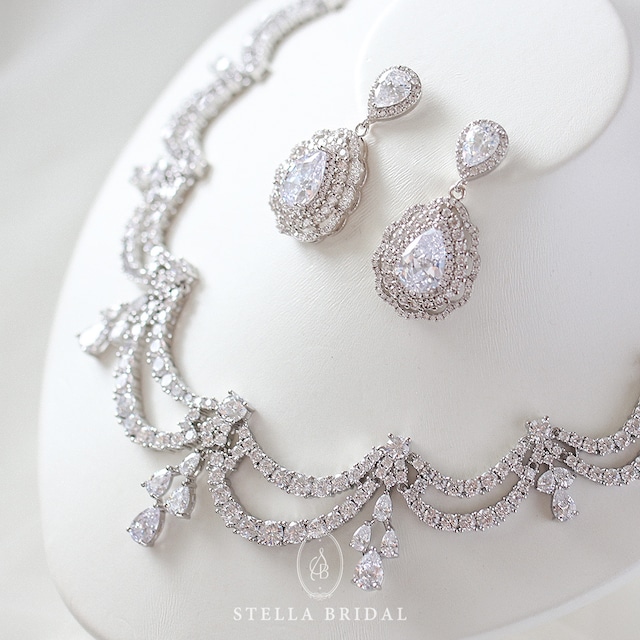 【8月の新作】ブライダルジュエリーセット［ルイーズII］｜ネックレス ピアス イヤリング ジルコニア｜ウェディングアクセサリー 王道 ホテル婚