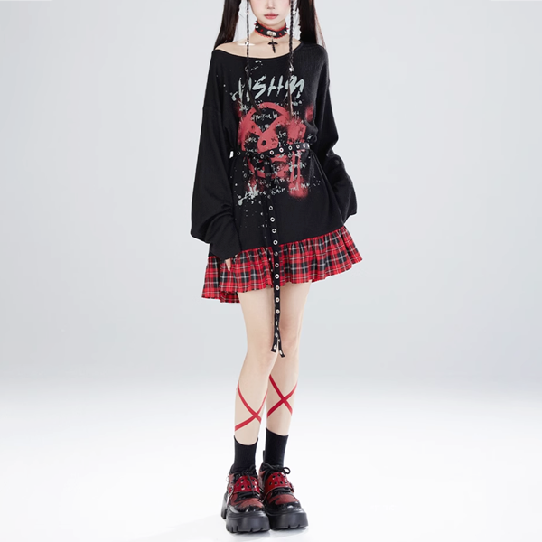 フェイクツーピースレイヤードレッドチェックスカートロングスリーブ  