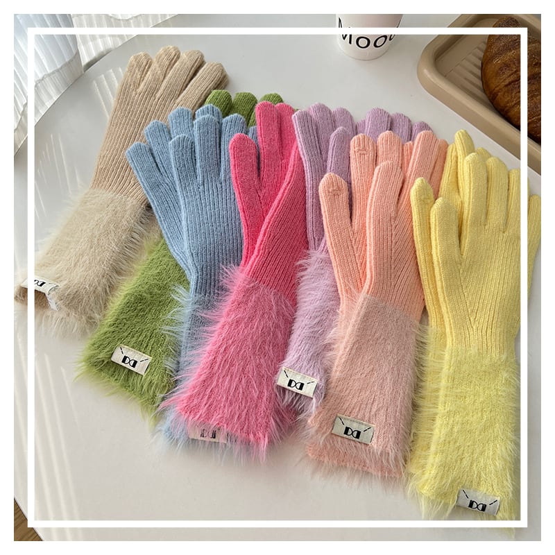 ファー付きリブ編みロングニット手袋(1色)10866