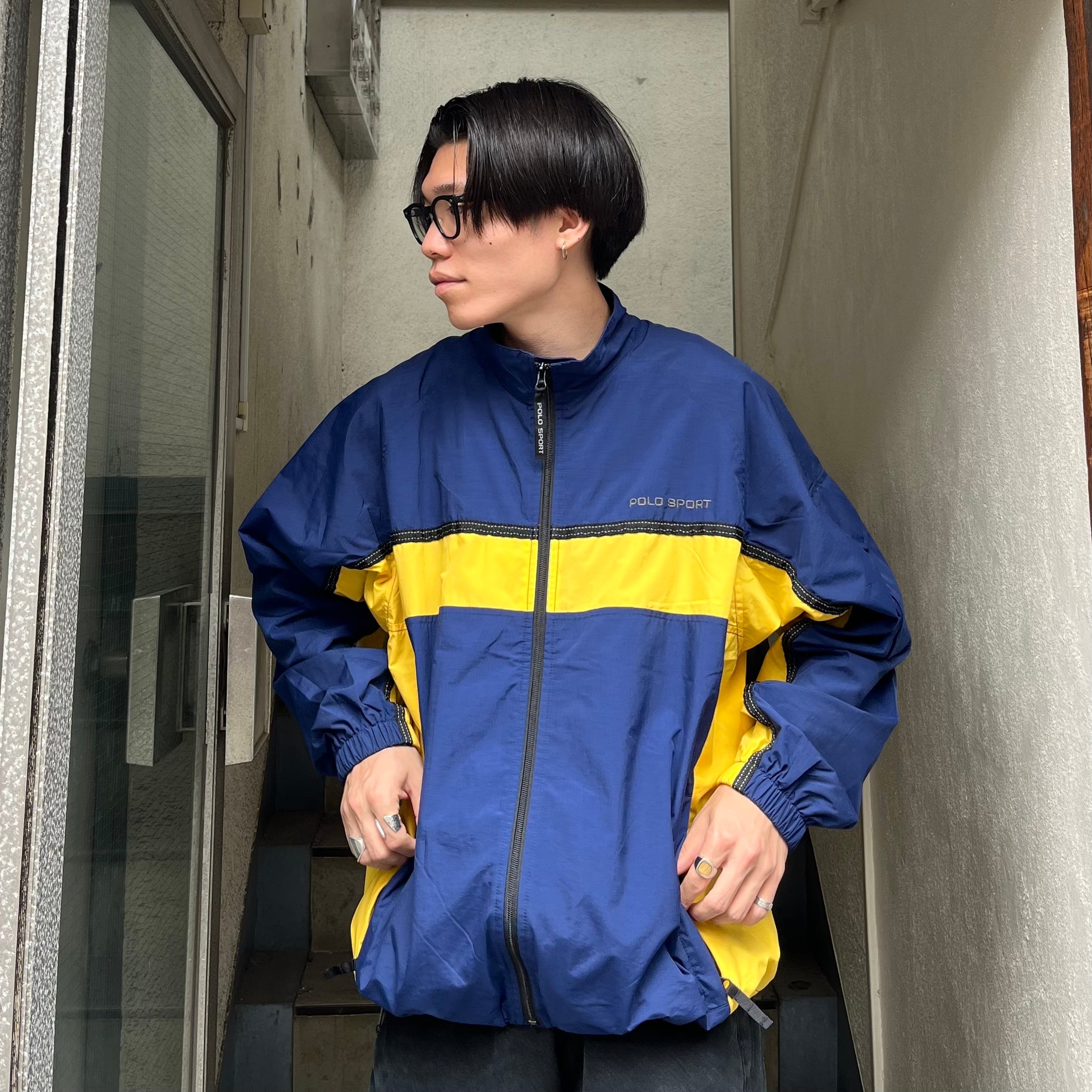 size:M【 POLO SPORT 】ポロスポーツ ポロスポ ラルフローレン ナイロンジャケット ネイビー イエロー 紺 黄色 古着 古着屋 高円寺  ビンテージ