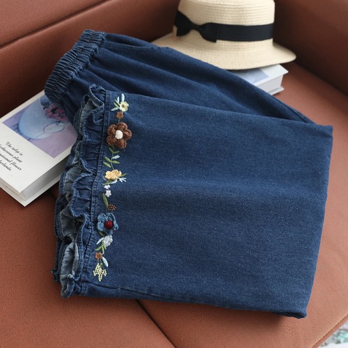 2色/裾フリル立体花刺繍デニムパンツ ・12082
