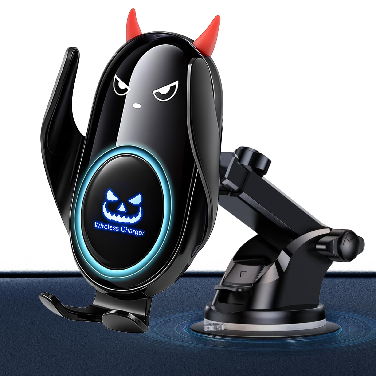 Fudia 可愛い 車載スマホホルダー 【光る悪魔デザインx 吸盤】 スマホスタンド 車 15W急速ワイヤレス充電 ゲル粘着吸盤&エアコン対応 片手操作 360°回転 Qi認証 iPhone17/16/15/14/13/12 Android対応 対応 プレゼント ギフト ハロウィン (悪魔 黒)