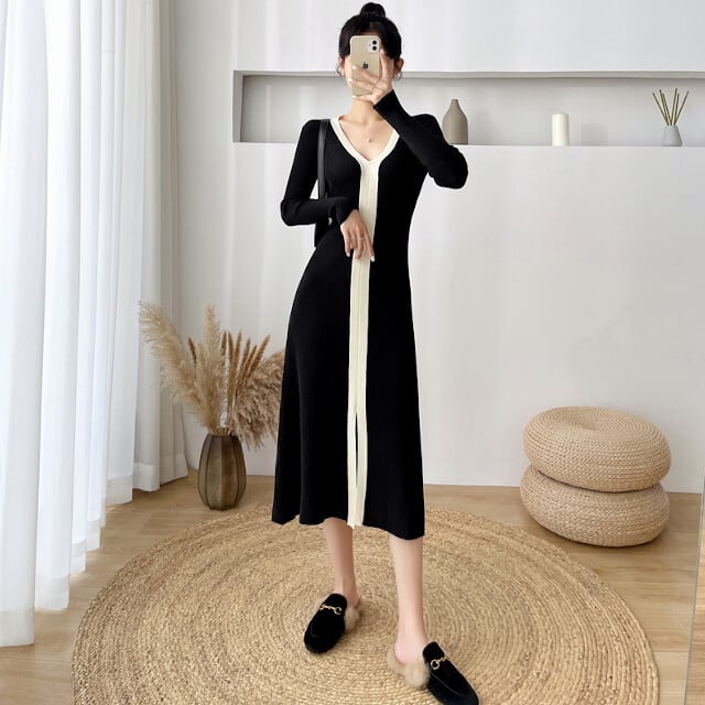 ワンピース レディース スリム 長袖 Vネック リブ ロング丈 マキシ丈