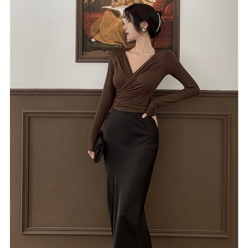 クロスVネックシャツ オータムハイウェストウェストスカート ロング 秋物 ガールズファッション27079862771