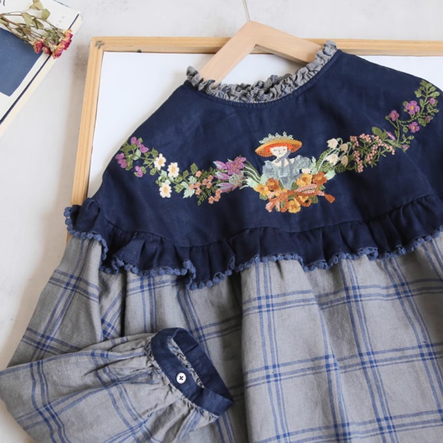 フォレスト刺繍＆チェック柄切替ロングスリーブシャツ W1466