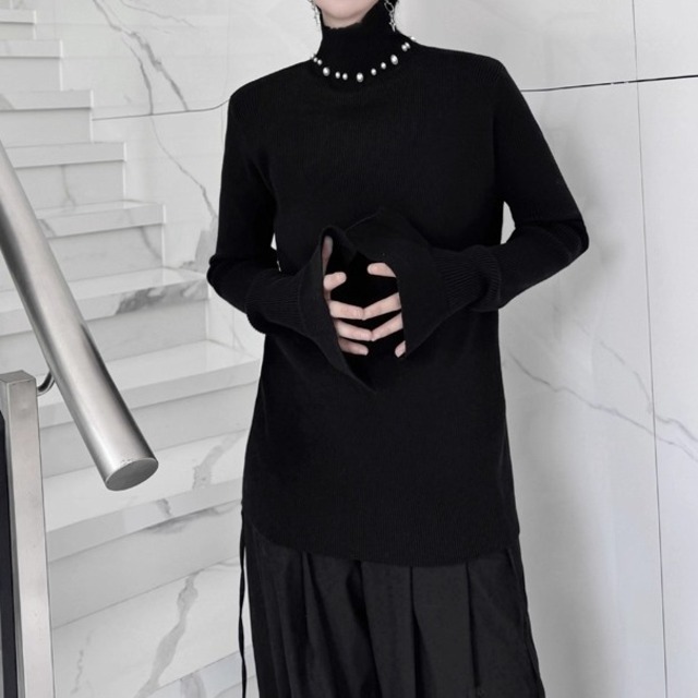 パールハイネックスリットスリーブニット 2color MTO0493