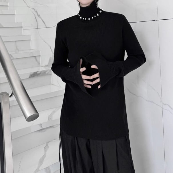 パールハイネックスリットスリーブニット 2color MTO0493