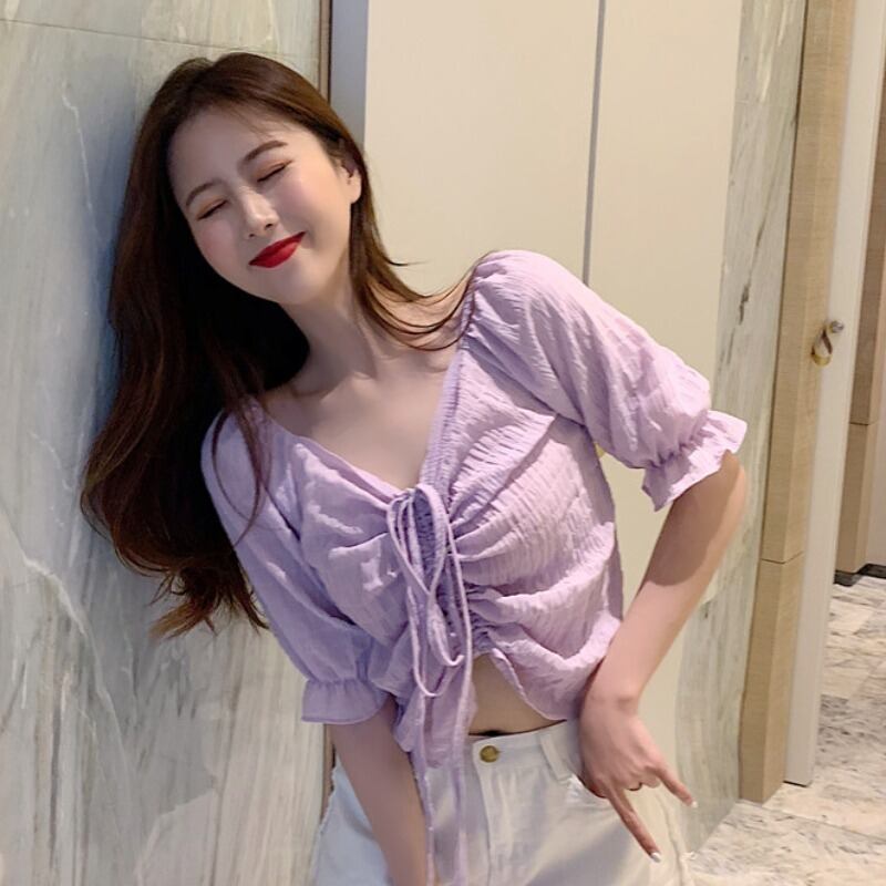 サマーシャツ ギャザーVネックトップス 夏物 ハンチェンe96051792593