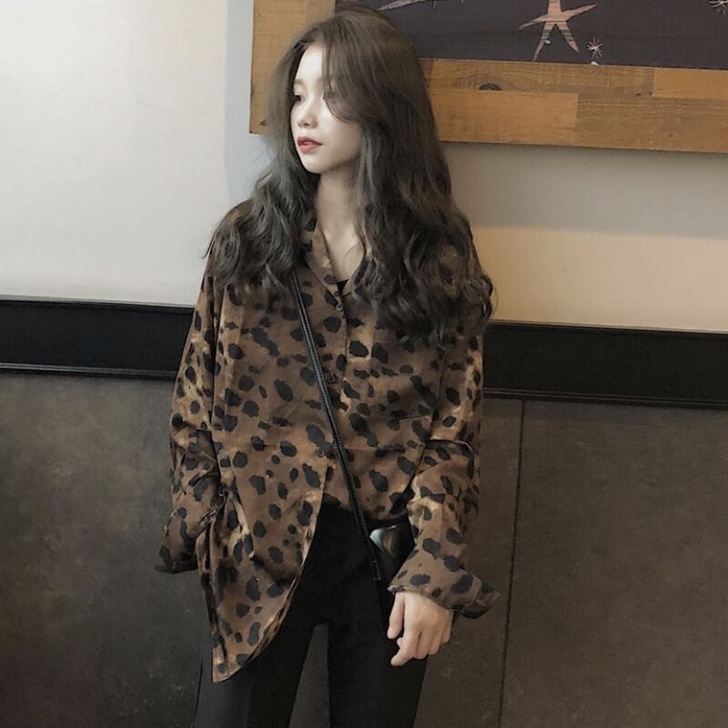 スタンダードレオパードシャツ スプリングルーズトップス ロング レッド レトロ 春物 1号婦人49841736059