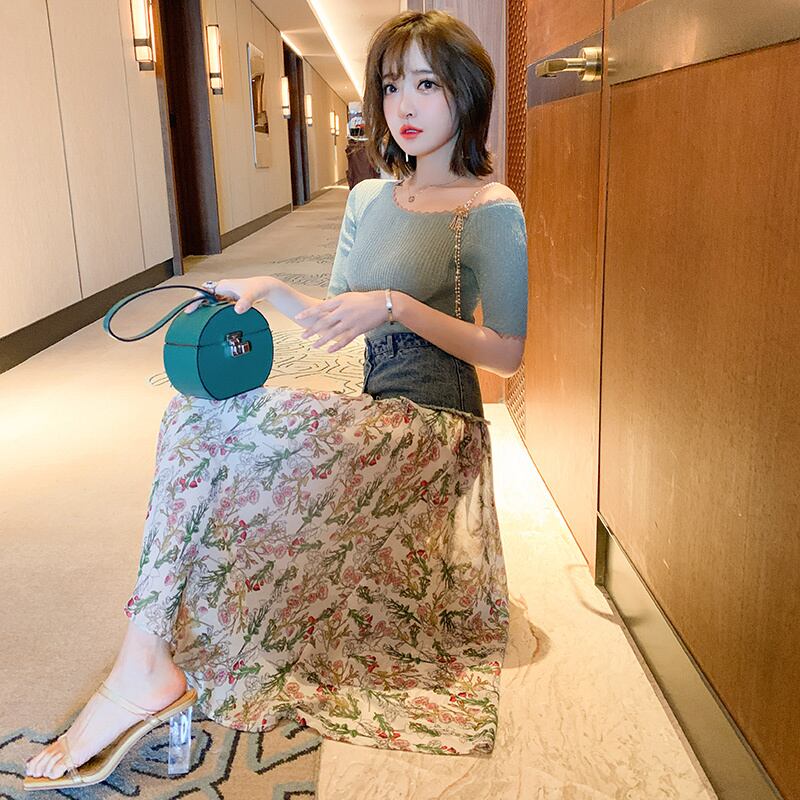 チェーン ニットトップス プリントスカート サマー 夏物 オフショルダー ステッチ MIUCO29979330721