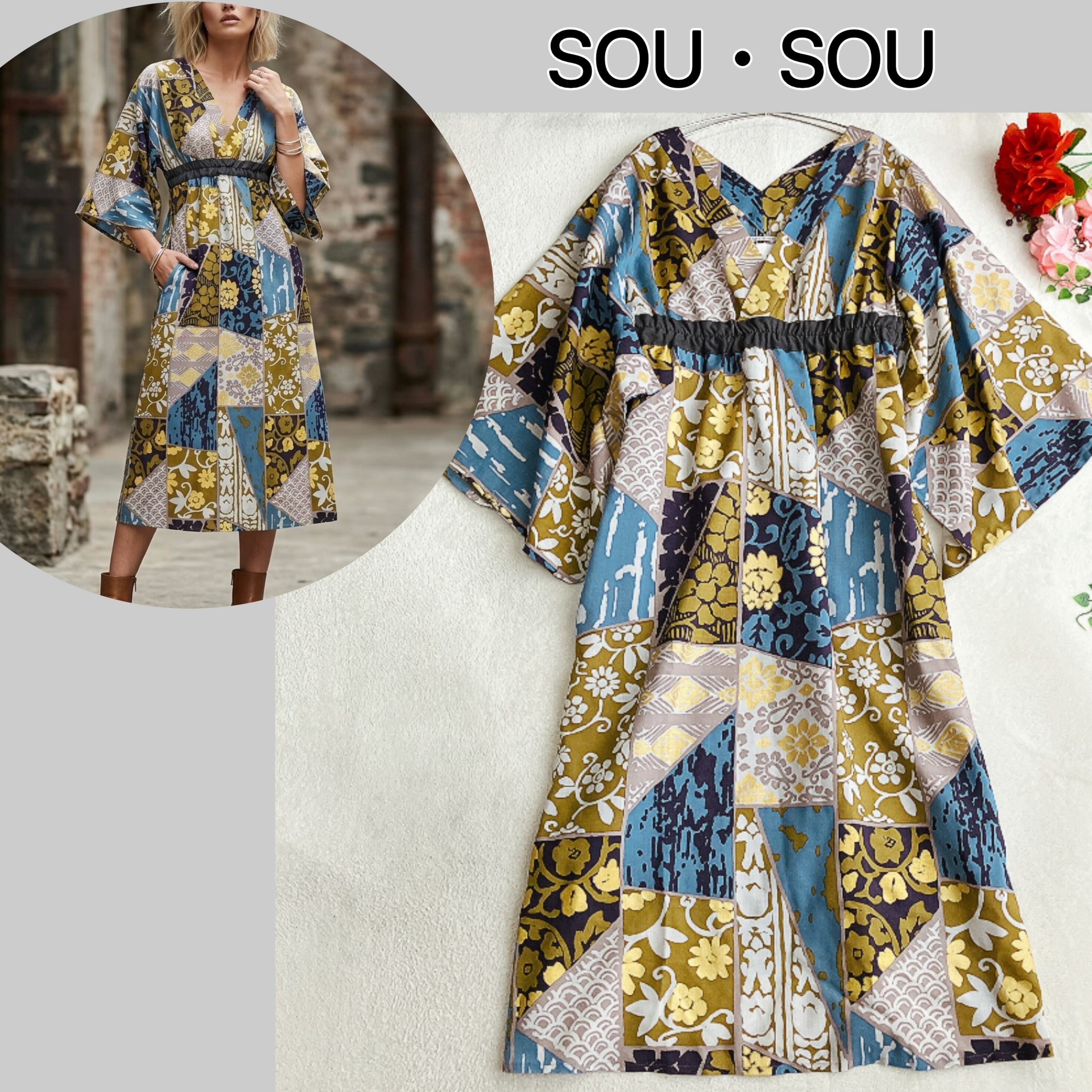 極美品】ソウソウ SOU・SOU☆みたて衣 モスリン 金彩 総柄 ワンピース