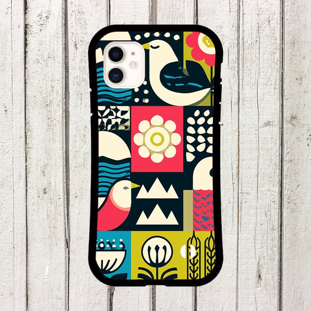 受注生産 iPhoneケース 鳥と花のカラフル民芸パネル｜鳥モチーフ FMSY112B