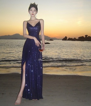 ★送料無料★9号(M)☆チュールとスパンコールスリット入ドレス[OPN1111]