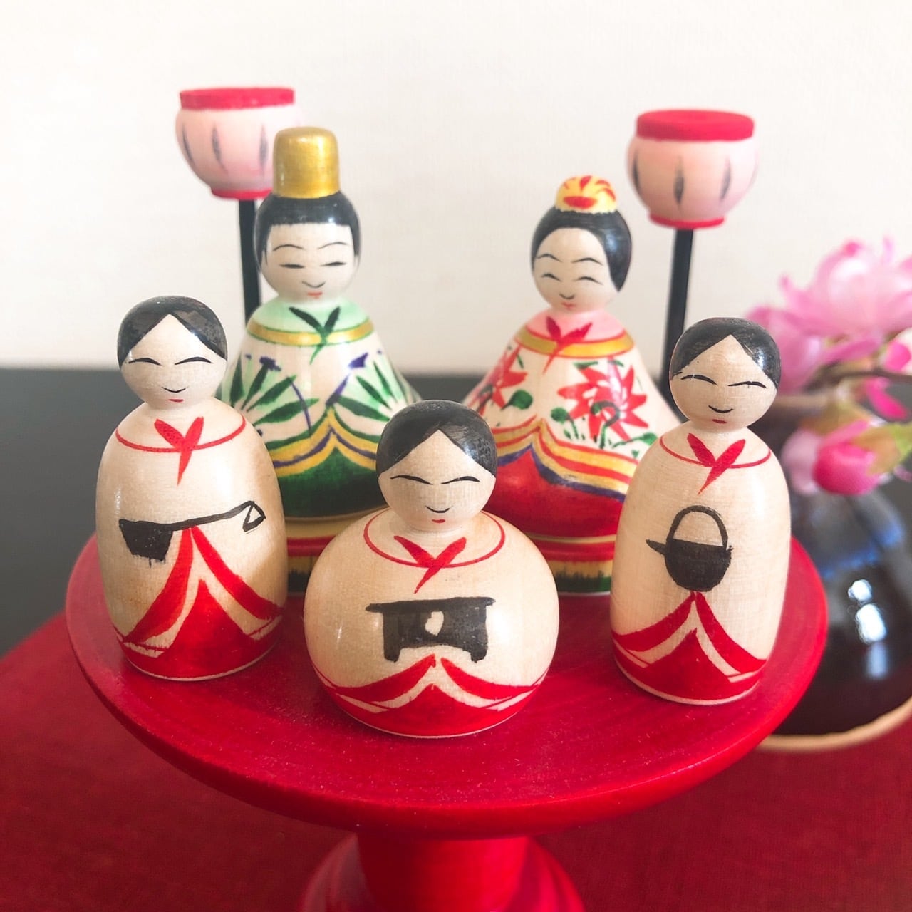 木製こけし 2体セット 花柄デザイン 木製こけし 2体セット 花柄デザイン