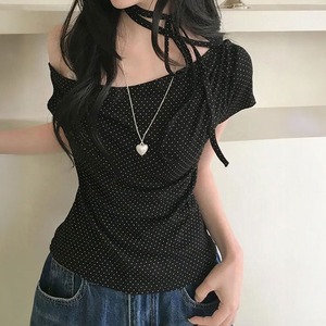 オフショルダー Tシャツ ドット柄 レディース 春夏 韓国 肌見せ おしゃれ 大人 カジュアル リボン フェミニン アシンメトリー 肩出し チョーカートップス 大人可愛い 大人女子