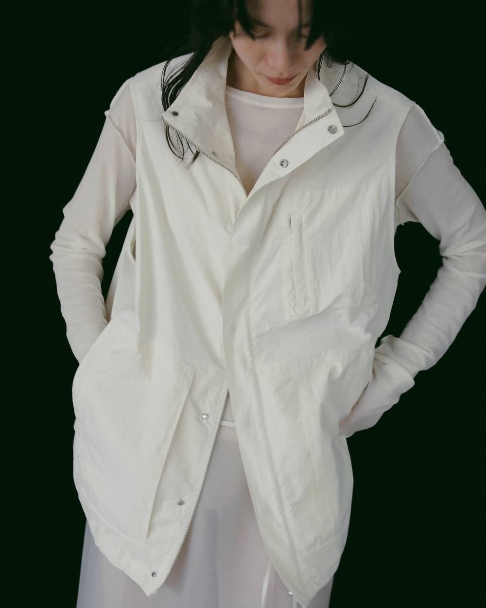 さ*ら様 anuke スタンドカラー ポケットベスト アイボリー anuke 】Standcollar Pocket Vest | valance 福井｜レディース