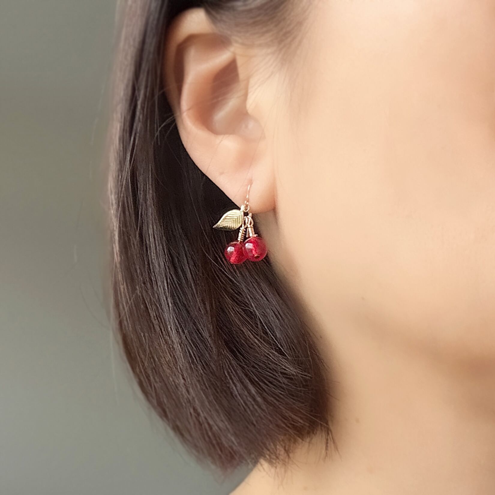 天然石レッドカラージェード さくらんぼピアス（イヤリング）｜14Kgf