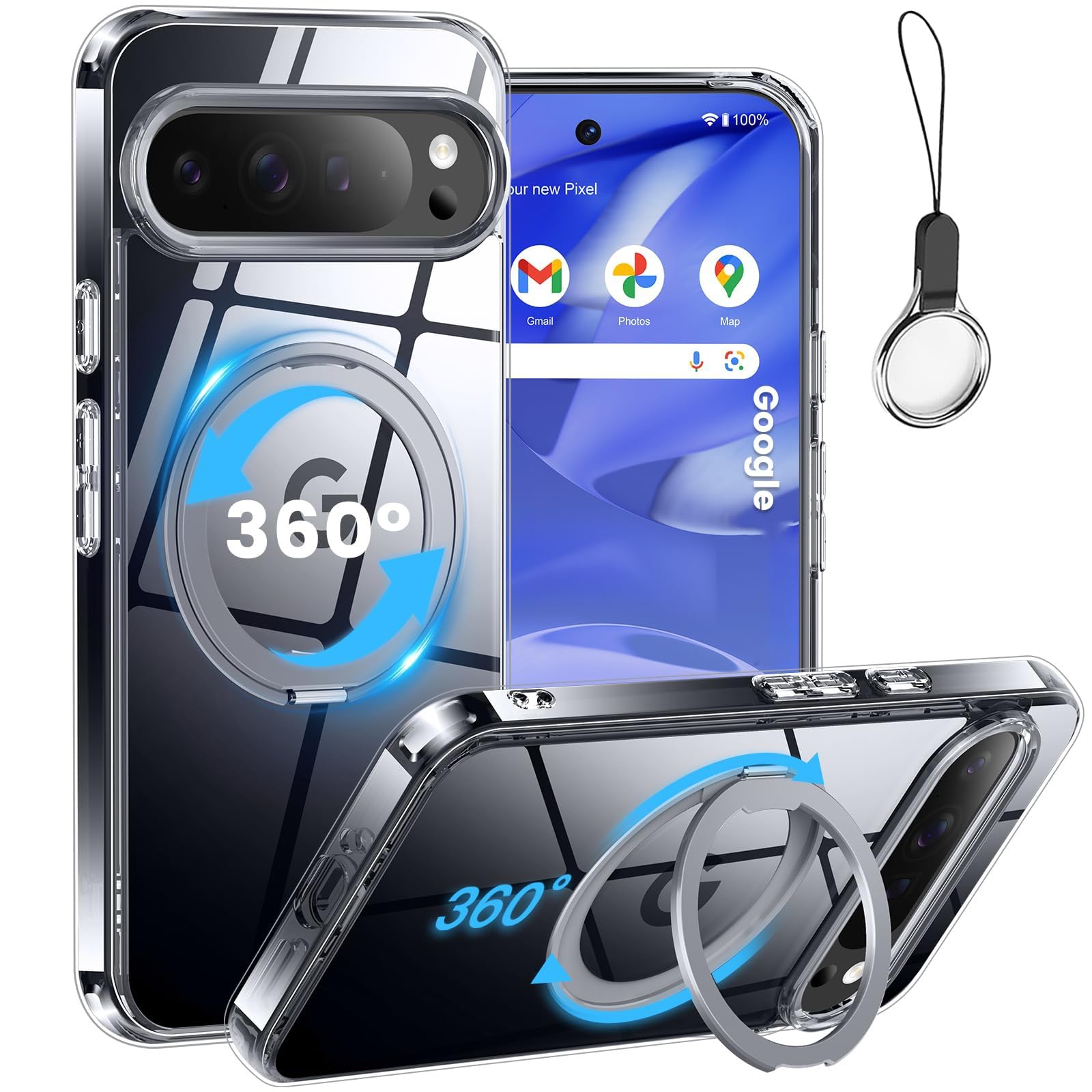 Google Pixel 7A 用 ケース Magsafe対応【360°回転可能な Magsafeリングスタンド ホルダー 一体型】グーグル ピクセル7A カバー スタンド機能 HILEGENER スマホケース 耐衝撃 透明TPUケース 車載ホルダー対応 ワイヤレス充電 Pixel7A-クリア