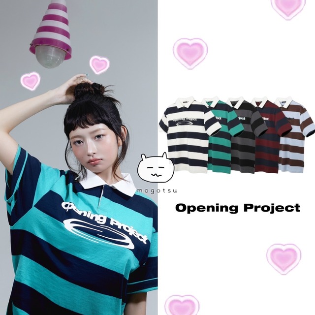 条件付き数量限定トレカ付き！★IVE レイ 着用！！【OPENING PROJECT】Identity Stripe Collar Half T Shirt - 5COLOR