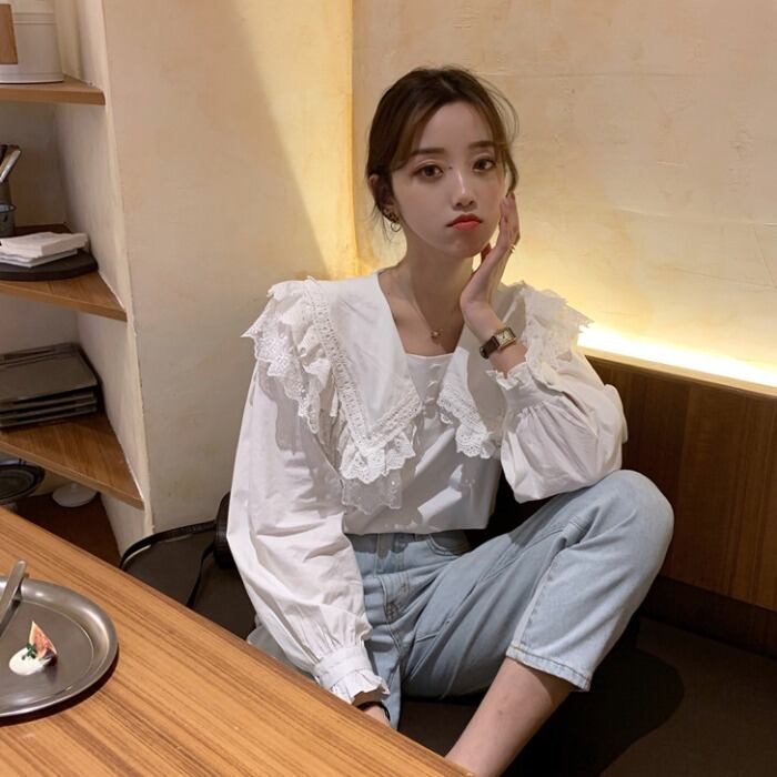 レースの白いシャツの女性の春2020新しいバージョンの緩い甘い学生の襟長袖シャツのトレンド クレセントシティ68038256901