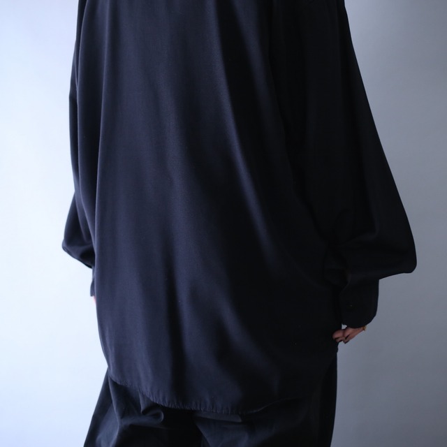 "刺繍" black×silver geometry design loose silhouette fry-front band collar shirt