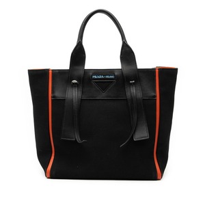 プラダ ウーヴェルチュール ミディアム トートバッグ 1BG233 ブラック オレンジ キャンバス レザー レディース PRADA 【中古】