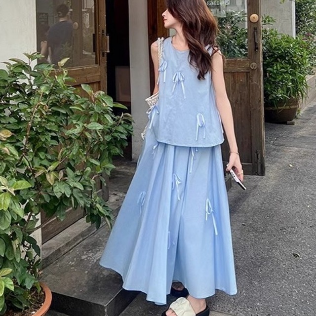 【S-2XL】ブルーりぼんセットアップ